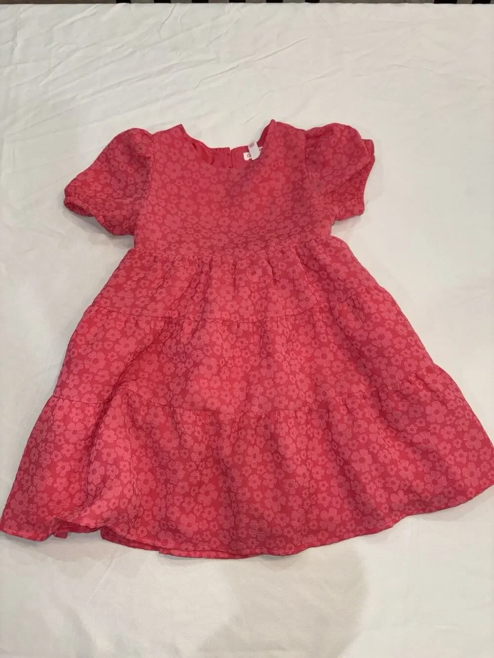 Cat & Jack Girls S (6/7) Pink Floral Puff Sleeve Fit & Flare Knee Dress. 038